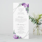 Elegante moderne Paarse & zilveren bloemenbruiloft Programmakaart (Staand voorkant)