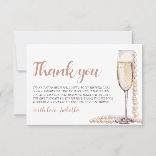 Elegante moderne parels en Prosecco bruidsdouche Bedankkaart (Voorkant)