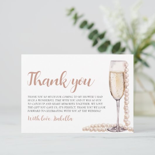 Elegante moderne parels en Prosecco bruidsdouche Bedankkaart (Staand voorkant)