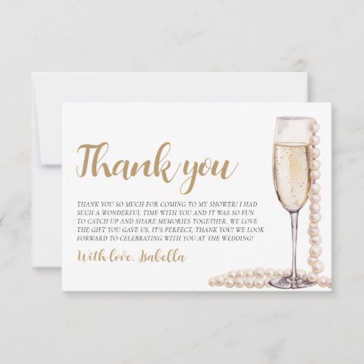 Elegante moderne parels en Prosecco bruidsfeest Bedankkaart (Voorkant)