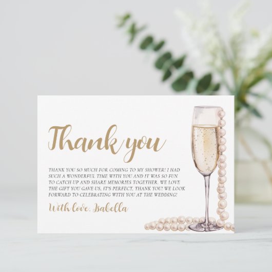 Elegante moderne parels en Prosecco bruidsfeest Bedankkaart (Staand voorkant)