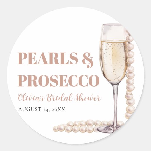 Elegante moderne parels en Prosecco Bruidsfeest Ronde Sticker (Voorkant)