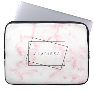 elegante moderne pastelroze en witte faux marmer laptop sleeve