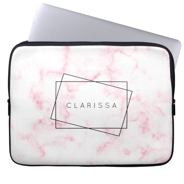 elegante moderne pastelroze en witte faux marmer laptop sleeve (Voorkant)