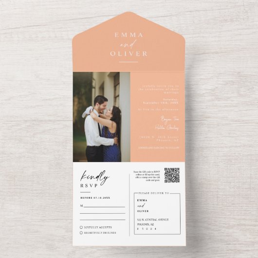 Elegante Moderne Peach Boho QR Code Foto RSVP All In One Uitnodiging (Binnen)