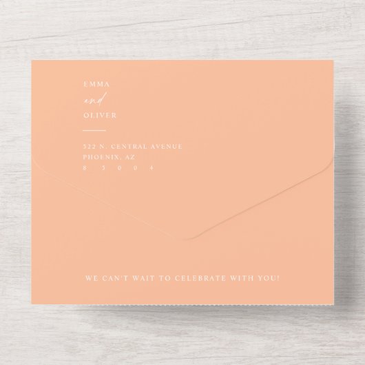 Elegante Moderne Peach Boho QR Code Foto RSVP All In One Uitnodiging (Achterkant)