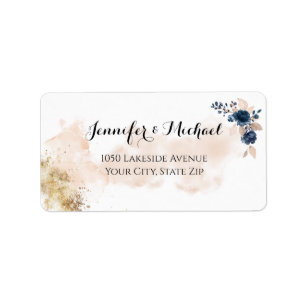 Elegante Moderne Perzik Blauw Goud Waterverf Bloem Etiket