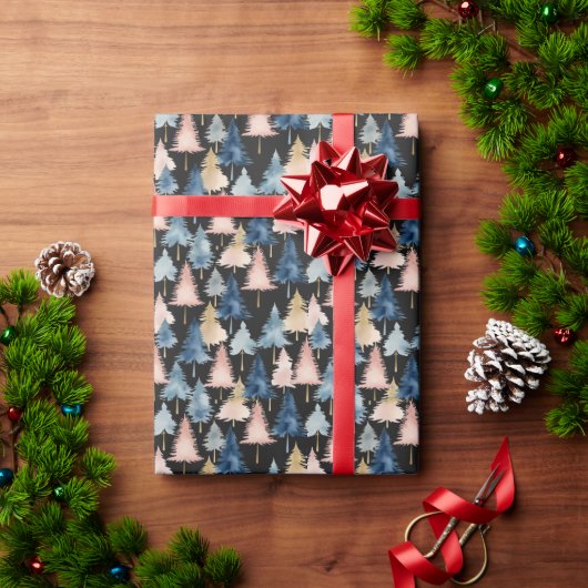 Elegante moderne perzik zwarte kerstbomen patroon cadeaupapier (Feestdagen Geschenken)