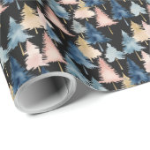 Elegante moderne perzik zwarte kerstbomen patroon cadeaupapier (Rol Hoek)