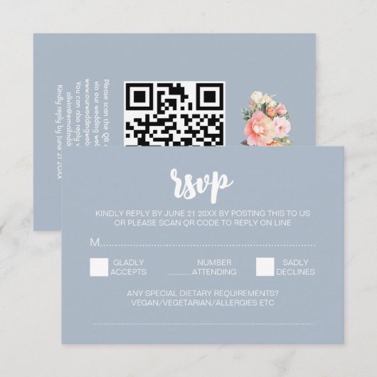 Elegante moderne pioenrozen blauwe bruiloft QR-cod Informatiekaartje (Voorkant / Achterkant)
