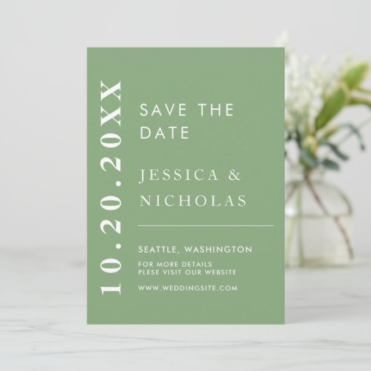 Elegante moderne pistache minimalistische bruiloft save the date (Staand voorkant)