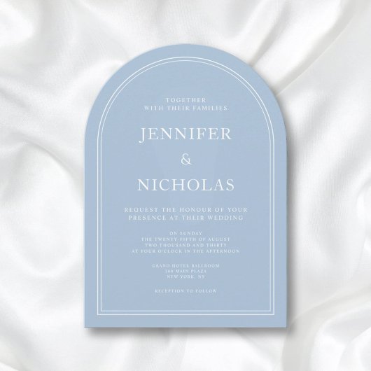 Elegante moderne poeder blauwe boog bruiloft kaart