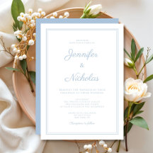 Elegante moderne poederblauwe script bruiloft