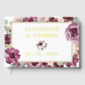 Elegante moderne pruim gouden bloemenbruiloft gastenboek (Voorkant)