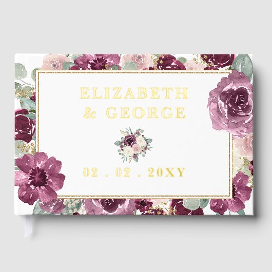 Elegante moderne pruim gouden bloemenbruiloft gastenboek (Voorkant)