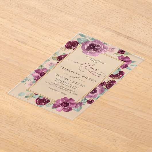 Elegante moderne pruim gouden botanische bloemen b acryl uitnodigingen (Laagn)