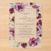 Elegante moderne pruim gouden botanische bloemen b acryl uitnodigingen (Voorkant)