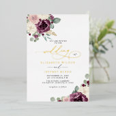 Elegante moderne pruim gouden botanische bloemen b folie uitnodiging (Staand Voorkant)