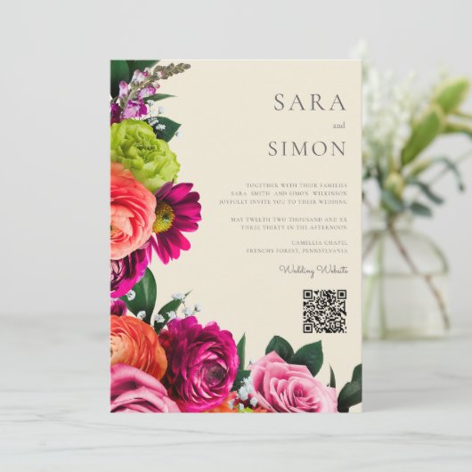 elegante moderne QR-code bloemenbruiloft Kaart (Staand voorkant)