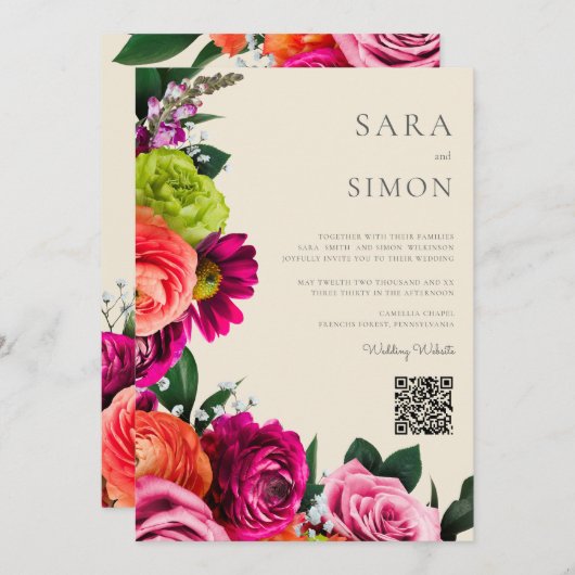 elegante moderne QR-code bloemenbruiloft Kaart (Voorkant / Achterkant)