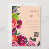 elegante moderne QR-code bloemenperzik bruiloft Kaart (Voorkant)