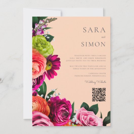 elegante moderne QR-code bloemenperzik bruiloft Kaart (Voorkant)