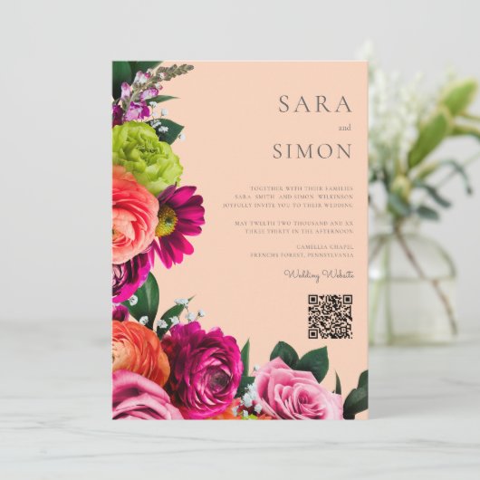 elegante moderne QR-code bloemenperzik bruiloft Kaart (Staand voorkant)