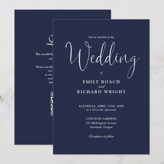 Elegante moderne QR-code Navy Blue Wedding Kaart (Voorkant / Achterkant)