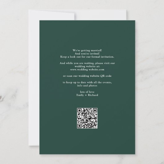 Elegante moderne QR-code smaragdgroene bruiloft Save The Date (Achterkant)