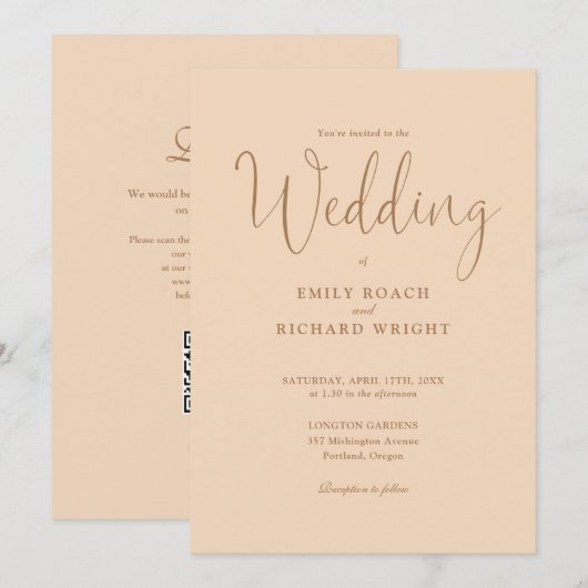 Elegante moderne QR-code zachte perzik bruiloft Kaart (Voorkant / Achterkant)
