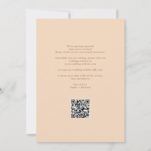 Elegante moderne QR-code zachte perzik bruiloft Save The Date (Achterkant)