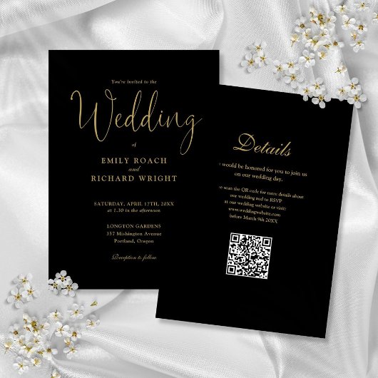 Elegante moderne QR-code zwart en gouden bruiloft Kaart