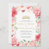 Elegante moderne QR roze bloemen goud Quinceañera Kaart (Voorkant)