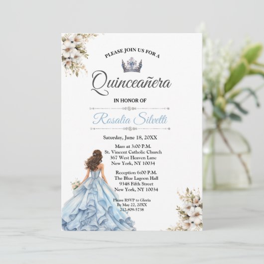Elegante moderne Quinceanera blauw en zilver Kaart (Staand voorkant)