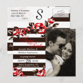 Elegante moderne rode bloemen en zwart-witte strep aankondigingskaart (Voorkant / Achterkant)