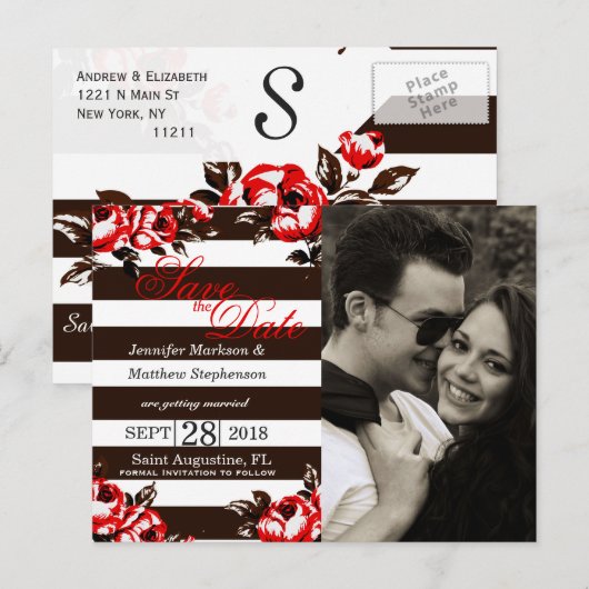 Elegante moderne rode bloemen en zwart-witte strep aankondigingskaart (Voorkant / Achterkant)