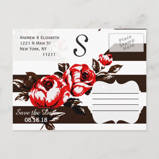 Elegante moderne rode bloemen en zwart-witte strep aankondigingskaart (Achterkant)