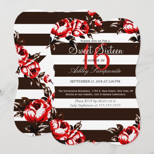 Elegante moderne rode bloemen en zwart-witte strep kaart (Voorkant / Achterkant)