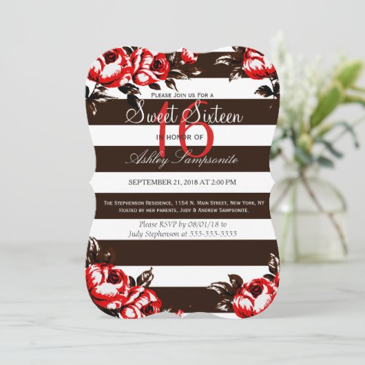 Elegante moderne rode bloemen en zwart-witte strep kaart (Staand voorkant)