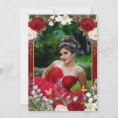 Elegante Moderne Rode Bloemen met Foto Quinceañera Kaart (Achterkant)