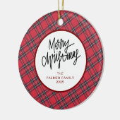 Elegante moderne rode geruite kerstfamiliefoto keramisch ornament (Links)