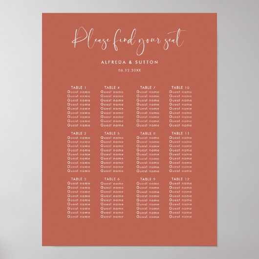 Elegante & moderne Rode klei bruiloft zitkaart Poster (Voorkant)