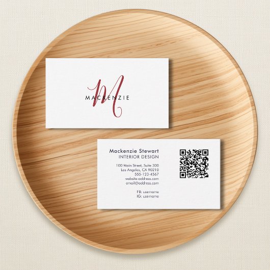 Elegante moderne rode script monogram QR-code Visitekaartje