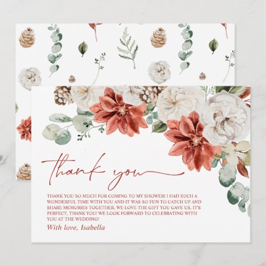 Elegante Moderne Rode Winter Kerst Bruidsfeest Bedankkaart (Voorkant / Achterkant)