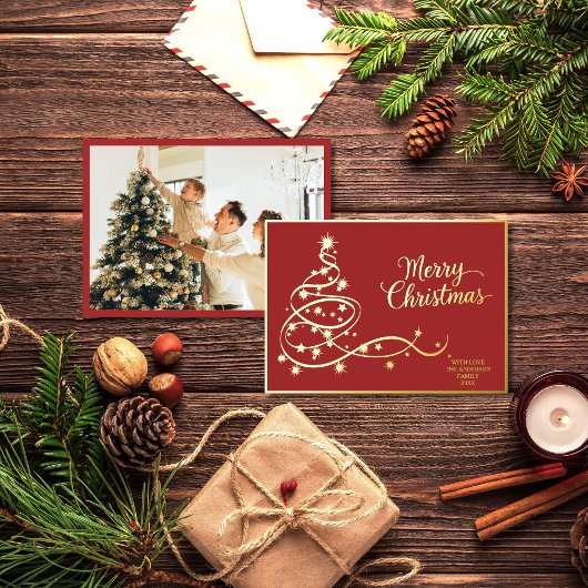 Elegante moderne rood gouden kerstfoto folie feestdagenkaart
