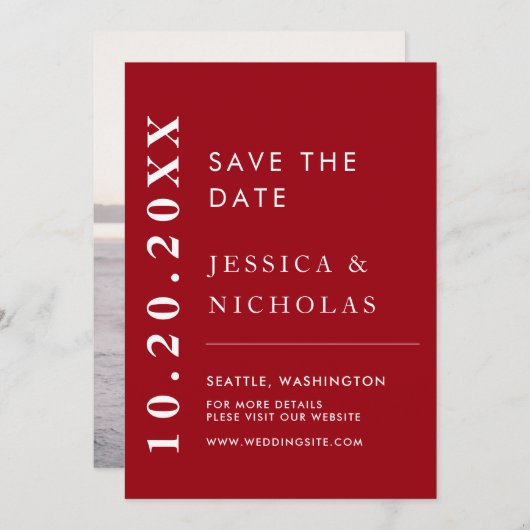 Elegante Moderne Rood & Wit Eenvoudige Trouwfoto Save The Date (Voorkant / Achterkant)