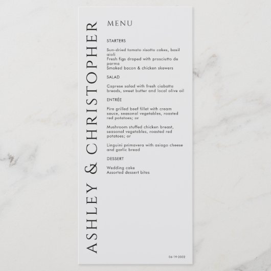 Elegante moderne rook zwart bruiloft menu (Voorkant)