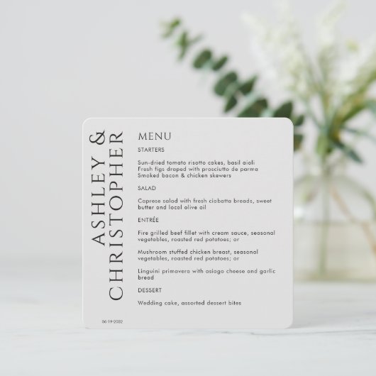 Elegante moderne rook zwart bruiloft menu (Staand voorkant)