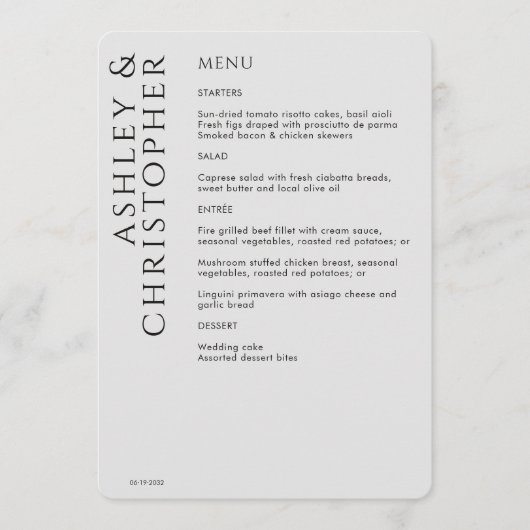 Elegante moderne rook zwart bruiloft menu (Voorkant)