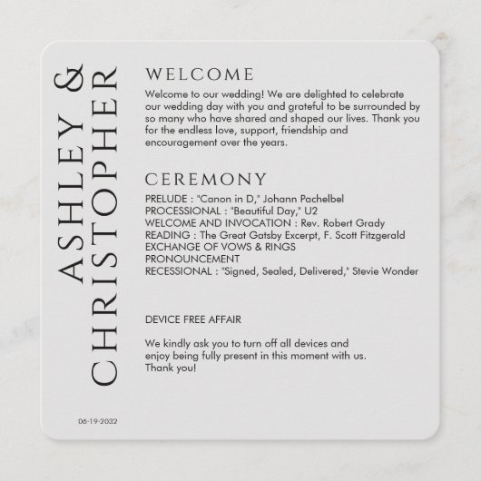 Elegante moderne rook zwart bruiloft programmakaart (Voorkant)